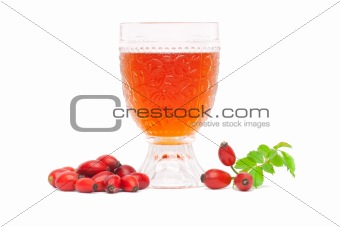 Rosehip wine and fruits isolated on white