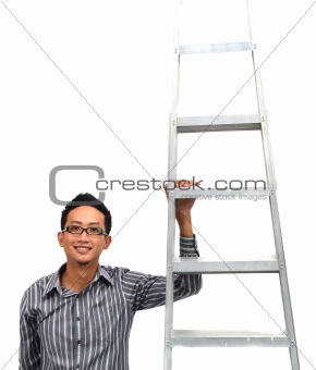 asian man climbing the corporate ladder