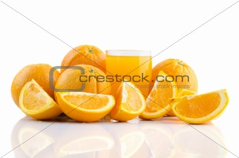 Orange juice and slices of orange isolated on white 