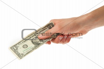 young man holding one dollar in his hand