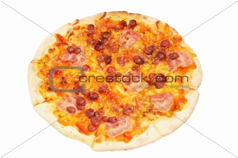 A whole pizza  with  sausage  and bacon