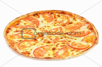 Vegetarian pizza  with cheese and tomatoes.