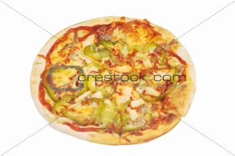 Pizza with  cheese, meat, pepper  and  ketchup