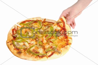 Pizza and slice of pizza in hand