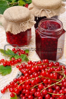Jars of homemade red currant jam with fresh fruits