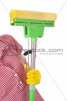 Mop in charwoman hand on white