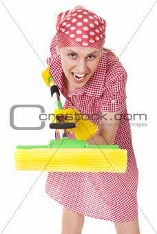 Funny charwoman with mop on white
