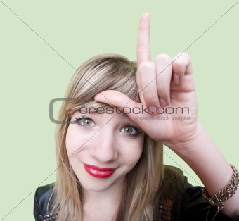 Lady Makes Loser Sign