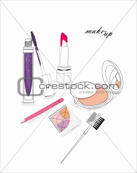 artistic background with lipstick, mascara, eye-shadows, pencil, powder and cosmetic brushes