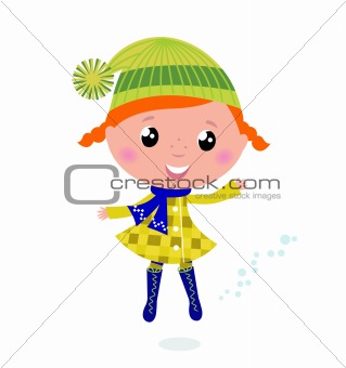 Winter Child jumping isolated on white

