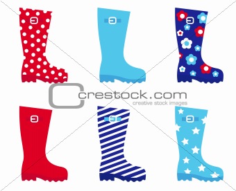 Fresh & colorful rubber wellington boots isolated on white

