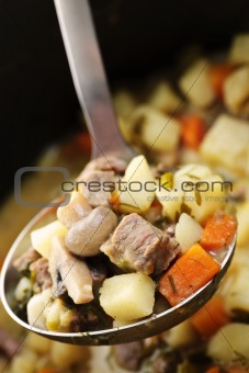 Beef stew in serving spoon