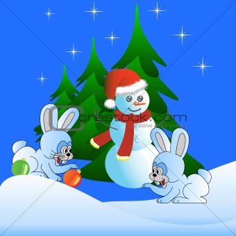 Two white hare and the Snowman