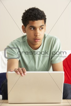 Worried Looking Boy Using Laptop