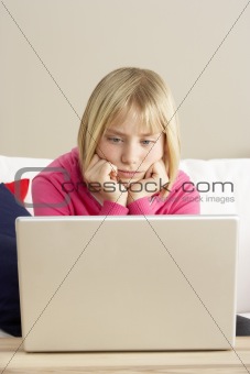 Worried Looking Girl Using Laptop