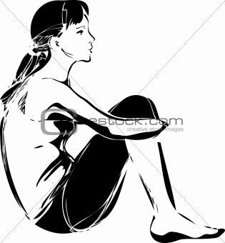 sketch of a girl sitting hugging her knees
