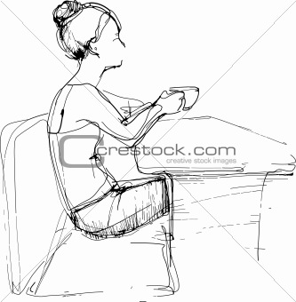 sketch girl drinking tea at the table