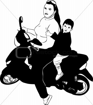 girl on a motor scooter driven by a boy