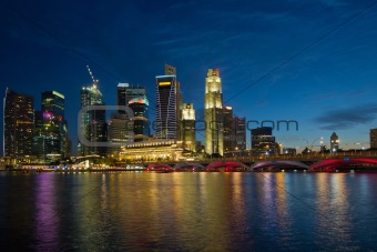 Singapore River Waterfront Skyline at Blue Hour