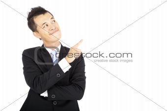 smiling businessman pointing and Isolated on white