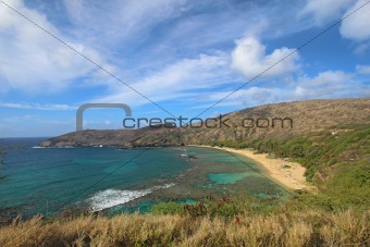Wide-angle view of Hanauma Bay, Hawaii