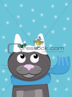 Snow-cat with snowy ears on which a bird is skiing