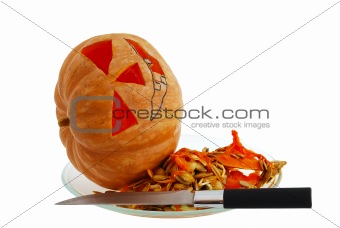 Halloween jack o lantern preparation stages carving pumpkin with