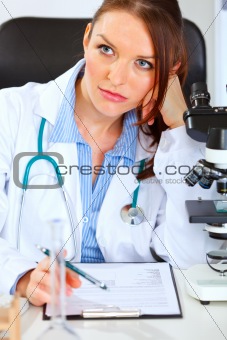 Thoughtful medical doctor woman sitting at office table
