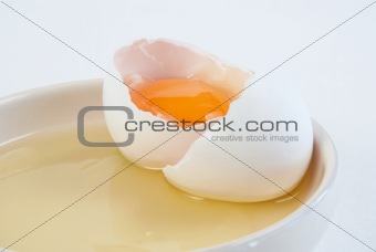 Broken chicken egg and shell on a saucer
