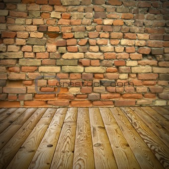 pine floor and brick wall