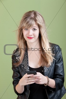 Girl With Messy Hair and Smartphone or Audio Device