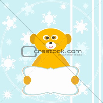 Cute funny sitting smile lemur with empty blank. winter vector card