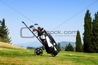 Golf bag on fairway