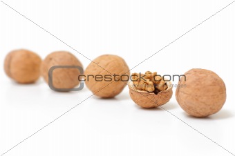 Open walnut in kine with closed nuts. Concept of unique. Focus o