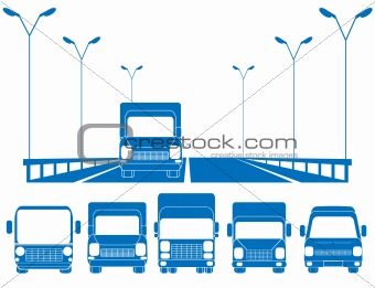 blue road and set of trucks