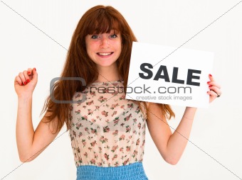 happy portrait young woman with board sale 
