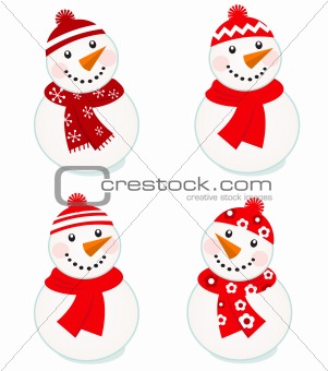 Cute vector snowmen collection isolated on white ( red )

