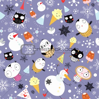 snow texture with owls and snowmen