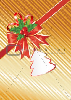 Christmas Background with Gift Tag,  Red Bow and beautiful Holly