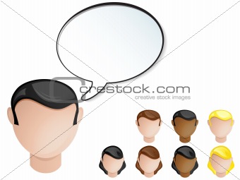People Heads Speech Bubble. Set of 4 hair and skin colors