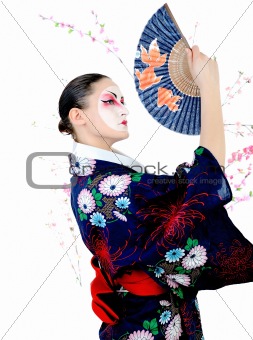  japan geisha woman with creative make-up dancing with fan