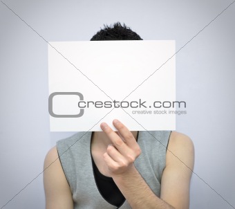 Young man with blank card