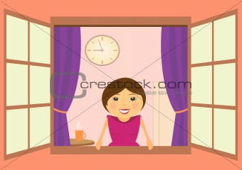 beautiful woman in window with clock and coffee