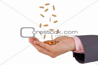 hands and falling coins