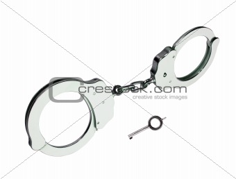 metal handcuffs with key isolated on white background