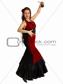 A young girl performs Spanish dance with castanets