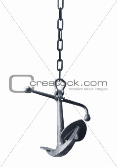 old metal anchor on chain on white background