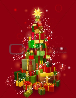 Christmas gift tree with red background