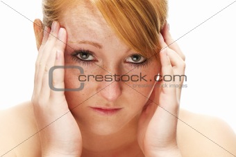 young redhead woman suffering on headache