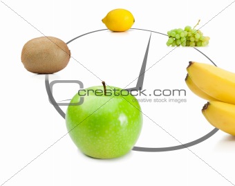 Fruits lying on clock